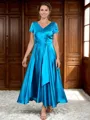 A-line V-neck Short Sleeves Pleated Ankle-Length Silk Like Satin Mother of the Bride Dress