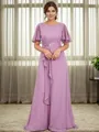 A-line Scoop Short Sleeves Appliques Lace Floor-Length Chiffon Mother of the Bride Dress