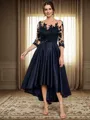 A-line Bateau 3/4 Sleeves Appliques Lace Asymmetrical Satin Mother of the Bride Dress