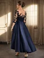 A-line Bateau 3/4 Sleeves Appliques Lace Asymmetrical Satin Mother of the Bride Dress