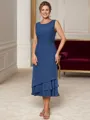 A-line Scoop Pleated Tea-Length Chiffon Mother of the Bride Dress