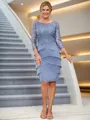 Sheath Scoop 3/4 Sleeves Appliques Lace Knee-Length Chiffon Mother of the Bride Dress