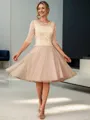 A-line Scoop 3/4 Sleeves Appliques Lace Knee-Length Tulle Mother of the Bride Dress