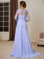A-line Bateau Long Sleeves Appliques Lace Sweep Train Chiffon Mother of the Bride Dress