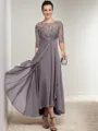 A-Line Bateau 1/2 Sleeves Applique Asymmetrical Chiffon Mother of the Bride Dress