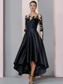 A-Line Bateau 3/4 Sleeves Applique Asymmetrical Satin Mother of the Bride Dress