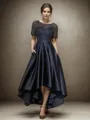 A-Line Bateau Short Sleeves Appliques Lace Asymmetrical Satin Mother of the Bride Dress