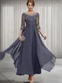 A-Line Bateau 3/4 Sleeves Applique Ankle-Length Chiffon Mother of the Bride Dress