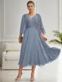 A-line V-neck 3/4 Sleeves Appliques Lace Tea-Length Chiffon Mother of the Bride Dress