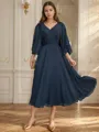 A-line V-neck 3/4 Sleeves Appliques Lace Tea-Length Chiffon Mother of the Bride Dress