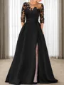 A-line Scoop 3/4 Sleeves Appliques Lace Sweep Train Satin Mother of the Bride Dress