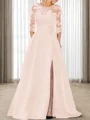 A-line Scoop 3/4 Sleeves Appliques Lace Sweep Train Satin Mother of the Bride Dress