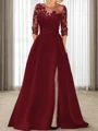 A-line Scoop 3/4 Sleeves Appliques Lace Sweep Train Satin Mother of the Bride Dress