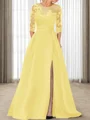 A-line Scoop 3/4 Sleeves Appliques Lace Sweep Train Satin Mother of the Bride Dress