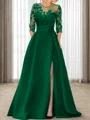 A-line Scoop 3/4 Sleeves Appliques Lace Sweep Train Satin Mother of the Bride Dress