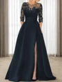 A-line Scoop 3/4 Sleeves Appliques Lace Sweep Train Satin Mother of the Bride Dress