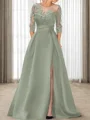 A-line Scoop 3/4 Sleeves Appliques Lace Sweep Train Satin Mother of the Bride Dress