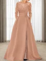 A-line Scoop 3/4 Sleeves Appliques Lace Sweep Train Satin Mother of the Bride Dress