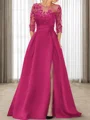 A-line Scoop 3/4 Sleeves Appliques Lace Sweep Train Satin Mother of the Bride Dress