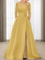 A-line Scoop 3/4 Sleeves Appliques Lace Sweep Train Satin Mother of the Bride Dress