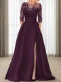 A-line Scoop 3/4 Sleeves Appliques Lace Sweep Train Satin Mother of the Bride Dress