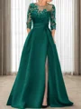 A-line Scoop 3/4 Sleeves Appliques Lace Sweep Train Satin Mother of the Bride Dress