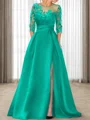 A-line Scoop 3/4 Sleeves Appliques Lace Sweep Train Satin Mother of the Bride Dress