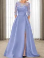 A-line Scoop 3/4 Sleeves Appliques Lace Sweep Train Satin Mother of the Bride Dress