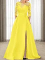 A-line Scoop 3/4 Sleeves Appliques Lace Sweep Train Satin Mother of the Bride Dress