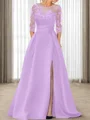 A-line Scoop 3/4 Sleeves Appliques Lace Sweep Train Satin Mother of the Bride Dress