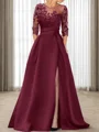 A-line Scoop 3/4 Sleeves Appliques Lace Sweep Train Satin Mother of the Bride Dress