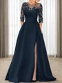 A-line Scoop 3/4 Sleeves Appliques Lace Sweep Train Satin Mother of the Bride Dress