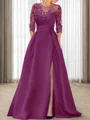 A-line Scoop 3/4 Sleeves Appliques Lace Sweep Train Satin Mother of the Bride Dress