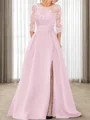 A-line Scoop 3/4 Sleeves Appliques Lace Sweep Train Satin Mother of the Bride Dress