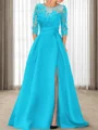A-line Scoop 3/4 Sleeves Appliques Lace Sweep Train Satin Mother of the Bride Dress