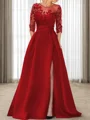 A-line Scoop 3/4 Sleeves Appliques Lace Sweep Train Satin Mother of the Bride Dress