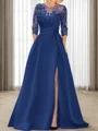 A-line Scoop 3/4 Sleeves Appliques Lace Sweep Train Satin Mother of the Bride Dress