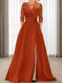A-line Scoop 3/4 Sleeves Appliques Lace Sweep Train Satin Mother of the Bride Dress