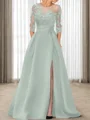 A-line Scoop 3/4 Sleeves Appliques Lace Sweep Train Satin Mother of the Bride Dress