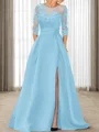 A-line Scoop 3/4 Sleeves Appliques Lace Sweep Train Satin Mother of the Bride Dress