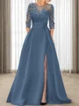 A-line Scoop 3/4 Sleeves Appliques Lace Sweep Train Satin Mother of the Bride Dress
