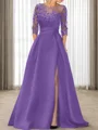 A-line Scoop 3/4 Sleeves Appliques Lace Sweep Train Satin Mother of the Bride Dress