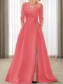 A-line Scoop 3/4 Sleeves Appliques Lace Sweep Train Satin Mother of the Bride Dress