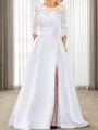 A-line Scoop 3/4 Sleeves Appliques Lace Sweep Train Satin Mother of the Bride Dress