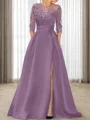 A-line Scoop 3/4 Sleeves Appliques Lace Sweep Train Satin Mother of the Bride Dress