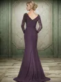 Mermaid V-neck Long Sleeves Appliques Lace Sweep Train Silk Like Satin Mother of the Bride Dress