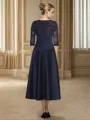 A-line Scoop 1/2 Sleeves Appliques Lace Tea-Length Satin Mother of the Bride Dress