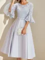 A-line Scoop 3/4 Sleeves Appliques Lace Tea-Length Satin Mother of the Bride Dress