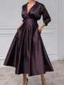 A-line V-neck 3/4 Sleeves Beading Tea-Length Silk Like Satin Mother of the Bride Dress