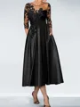 A-line Scoop 3/4 Sleeves Appliques Lace Tea-Length Silk Like Satin Mother of the Bride Dress